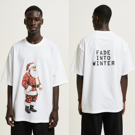 Oversized White Santa Claus T-Shirt – Fade Into Winter Graphic Tee – Streetwear Holiday Fashion