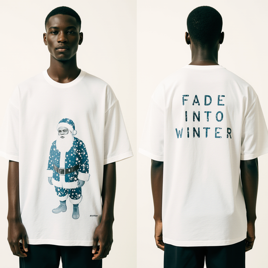 Oversized White Blue Santa T-Shirt – Fade Into Winter Graphic Tee – Unisex Streetwear Holiday Shirt