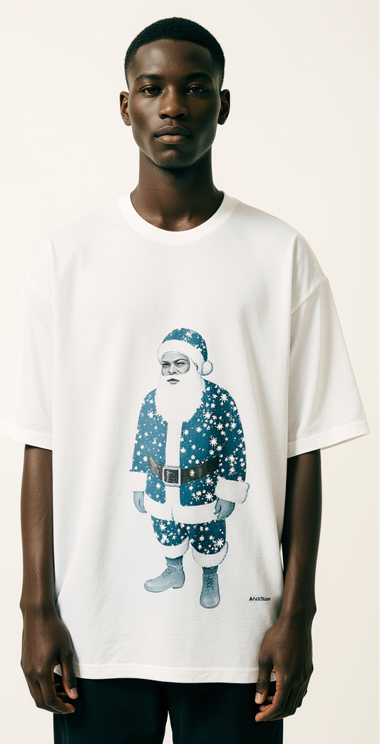 Oversized White Blue Santa T-Shirt – Fade Into Winter Graphic Tee – Unisex Streetwear Holiday Shirt