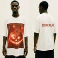Oversized White Halloween Pumpkin T-Shirt – Cosmic Fear Graphic Tee – Streetwear Spooky Fashion