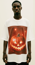 Oversized White Halloween Pumpkin T-Shirt – Cosmic Fear Graphic Tee – Streetwear Spooky Fashion
