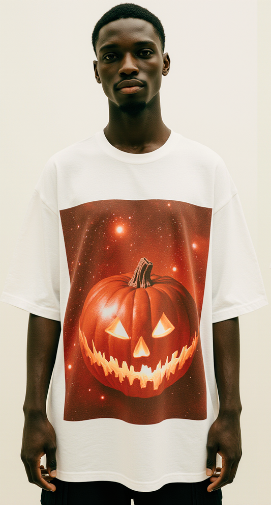 Oversized White Halloween Pumpkin T-Shirt – Cosmic Fear Graphic Tee – Streetwear Spooky Fashion