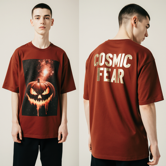 Oversized Red Halloween Pumpkin T-Shirt – Cosmic Fear Galaxy Graphic Tee – Unisex Spooky Streetwear