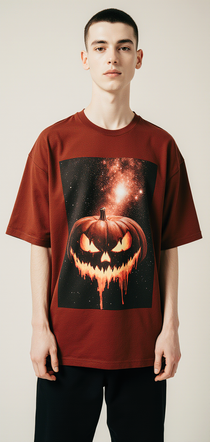Oversized Red Halloween Pumpkin T-Shirt – Cosmic Fear Galaxy Graphic Tee – Unisex Spooky Streetwear