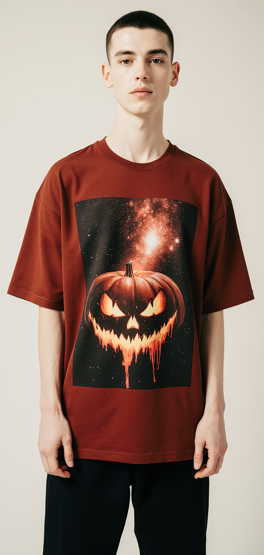 Oversized Red Halloween Pumpkin T-Shirt – Cosmic Fear Galaxy Graphic Tee – Unisex Spooky Streetwear