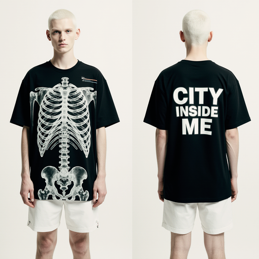 Oversized Black T-Shirt for Men – X-Ray Skeleton Graphic – Streetwear "City Inside Me"