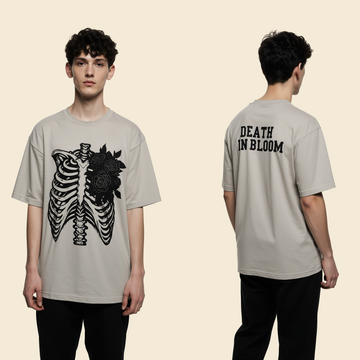Oversized Grey Skeleton Rose T-Shirt – Death in Bloom Graphic Tee – Gothic Streetwear Unisex Shirt