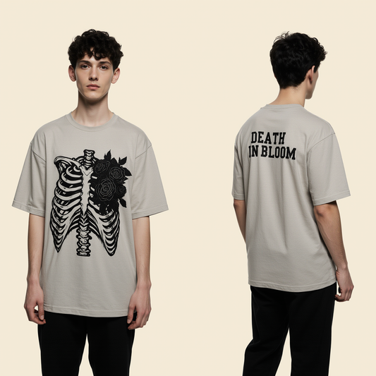 Oversized Grey Skeleton Rose T-Shirt – Death in Bloom Graphic Tee – Gothic Streetwear Unisex Shirt