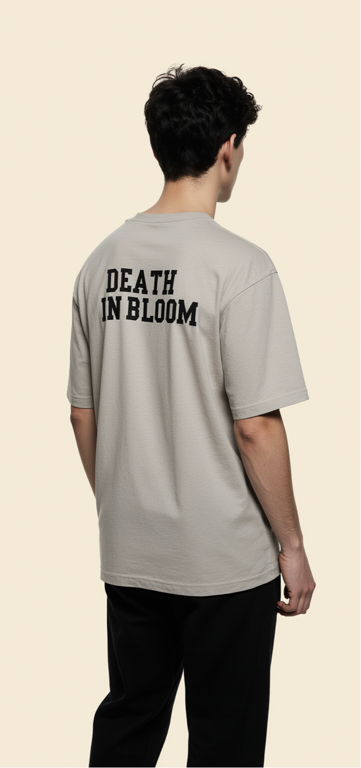 Oversized Grey Skeleton Rose T-Shirt – Death in Bloom Graphic Tee – Gothic Streetwear Unisex Shirt