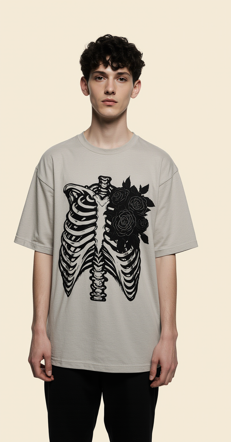 Oversized Grey Skeleton Rose T-Shirt – Death in Bloom Graphic Tee – Gothic Streetwear Unisex Shirt