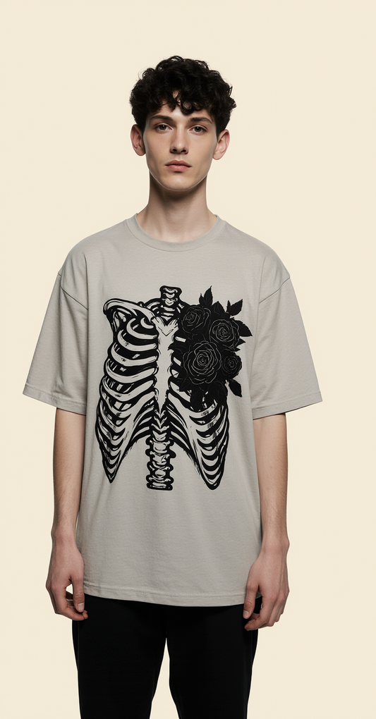 Oversized Grey Skeleton Rose T-Shirt – Death in Bloom Graphic Tee – Gothic Streetwear Unisex Shirt