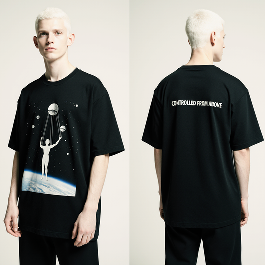 Oversized Black T-Shirt for Men – Cosmic Puppet Graphic – Streetwear "Controlled From Above"