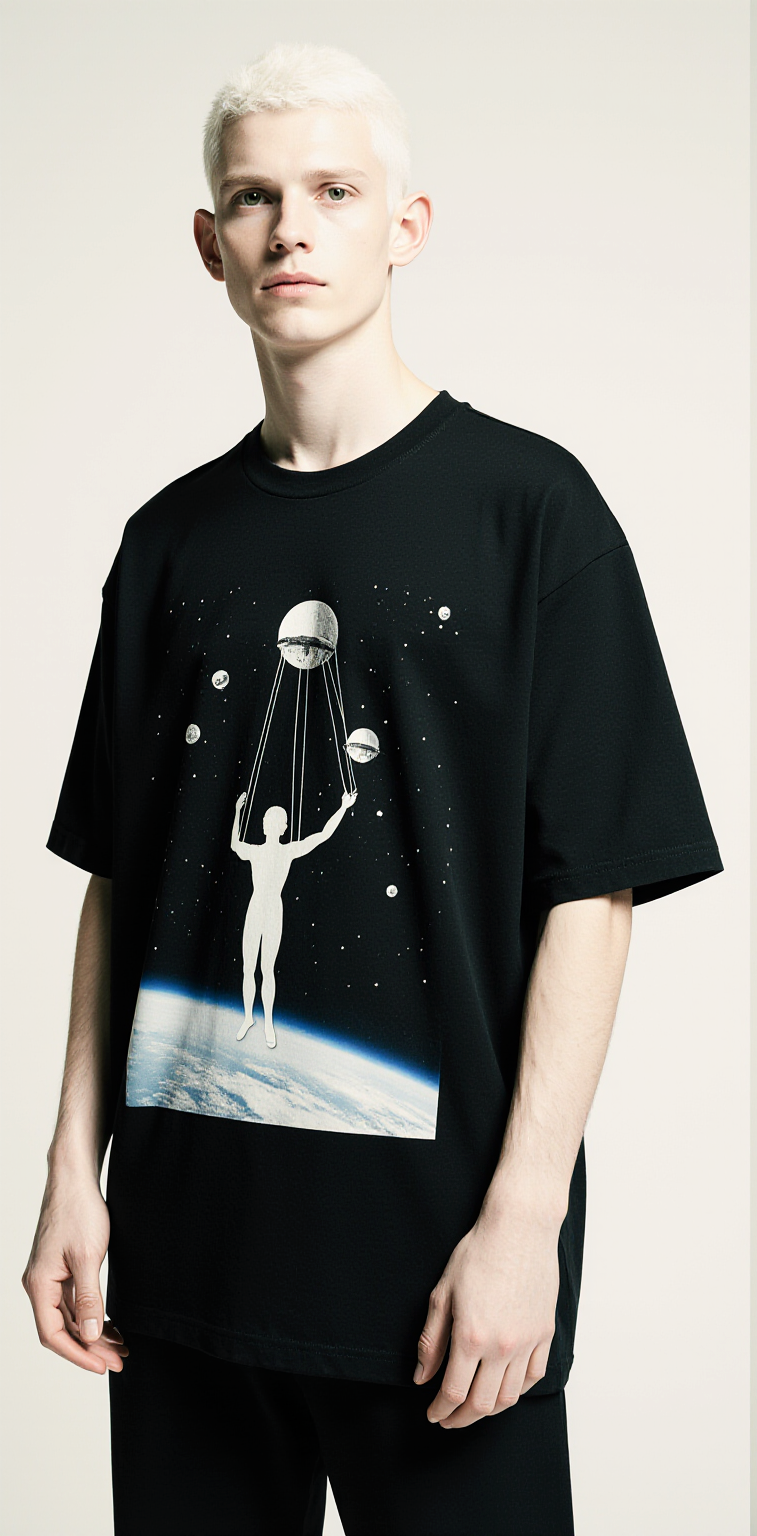 Oversized Black T-Shirt for Men – Cosmic Puppet Graphic – Streetwear "Controlled From Above"