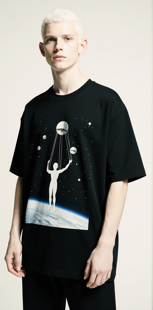 Oversized Black T-Shirt for Men – Cosmic Puppet Graphic – Streetwear "Controlled From Above"
