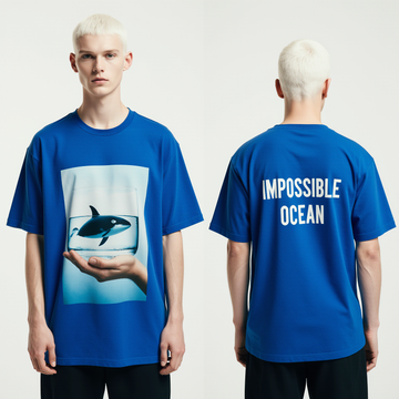 Oversized Blue T-Shirt for Men – Whale in Glass Graphic – Streetwear "Impossible Ocean"