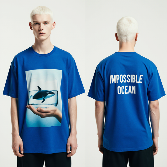 Oversized Blue T-Shirt for Men – Whale in Glass Graphic – Streetwear "Impossible Ocean"
