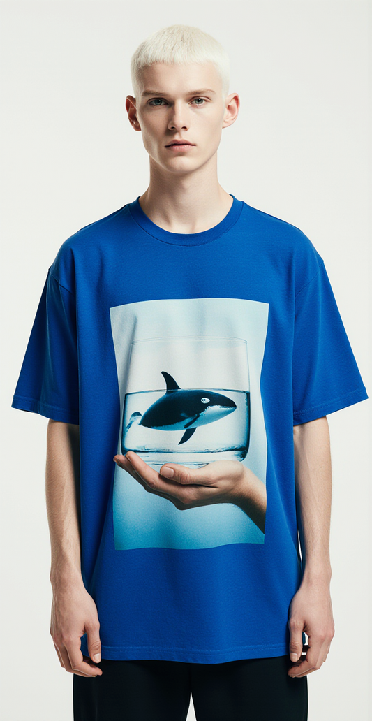 Oversized Blue T-Shirt for Men – Whale in Glass Graphic – Streetwear "Impossible Ocean"