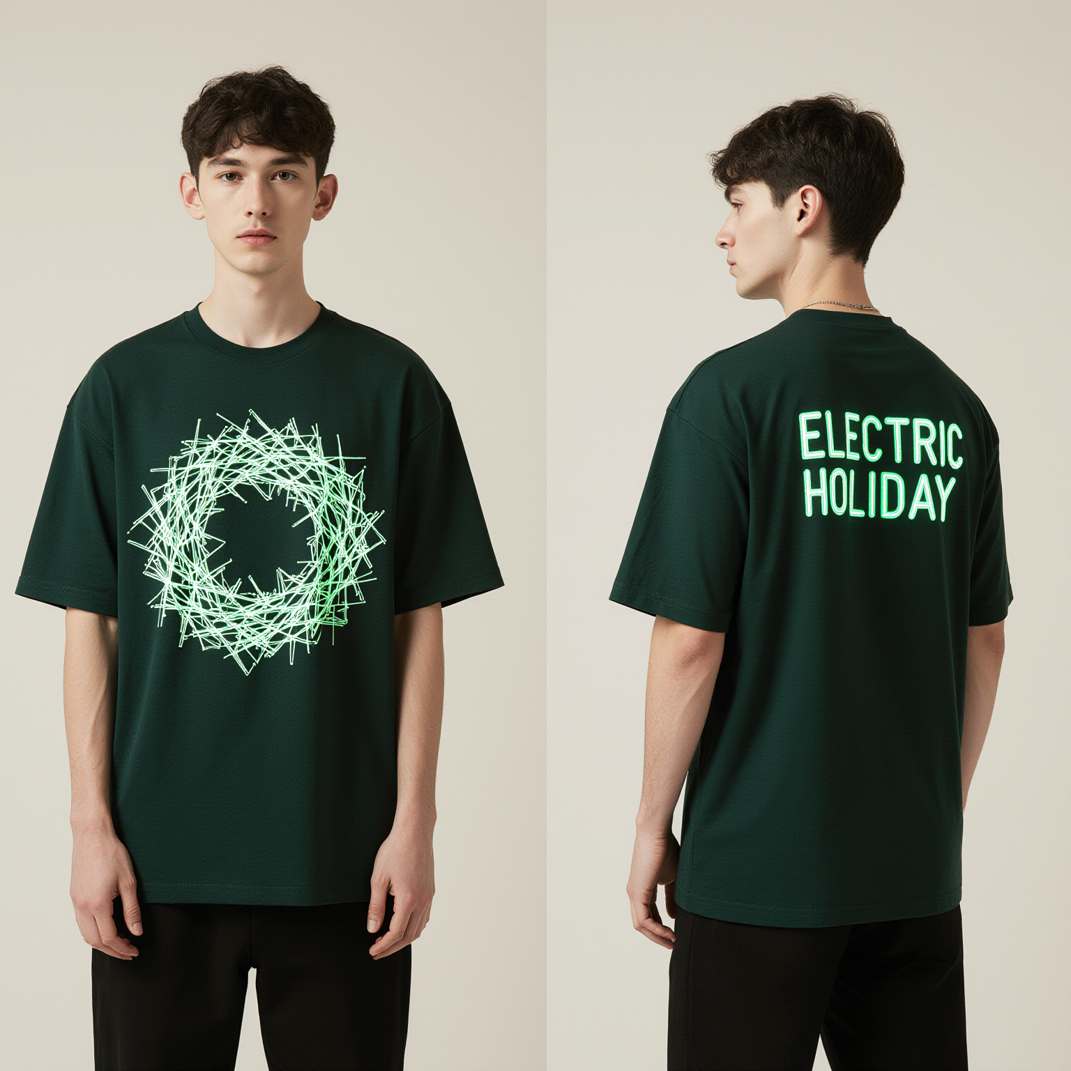 Oversized Dark Green T-Shirt – Electric Holiday Glow Graphic Tee – Unisex Streetwear Fashion