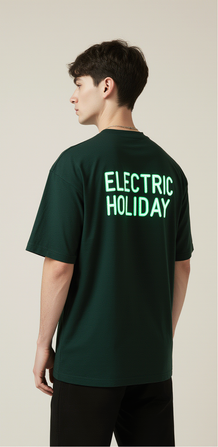 Oversized Dark Green T-Shirt – Electric Holiday Glow Graphic Tee – Unisex Streetwear Fashion