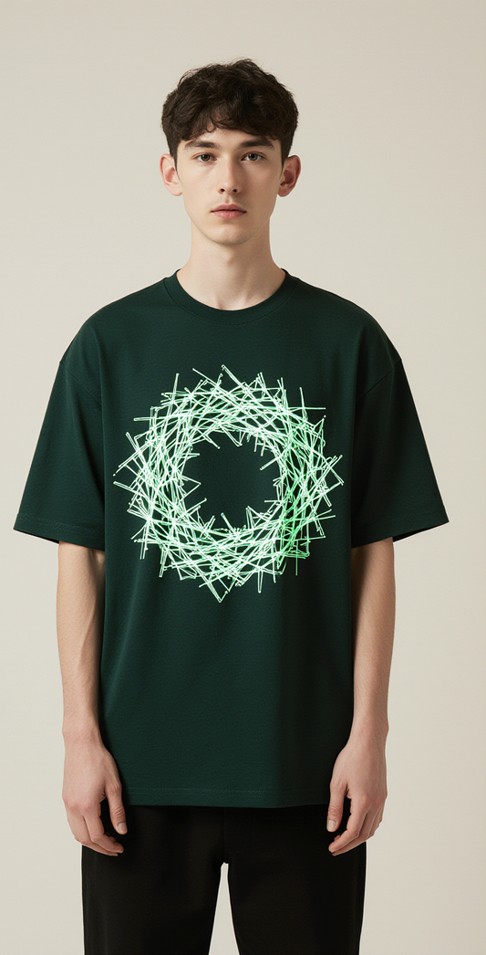 Oversized Dark Green T-Shirt – Electric Holiday Glow Graphic Tee – Unisex Streetwear Fashion
