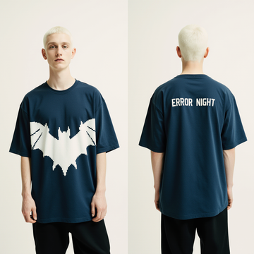 Oversized Dark Blue T-Shirt – Error Night Pixel Bat Graphic Tee – Unisex Streetwear Fashion