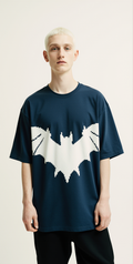 Oversized Dark Blue T-Shirt – Error Night Pixel Bat Graphic Tee – Unisex Streetwear Fashion