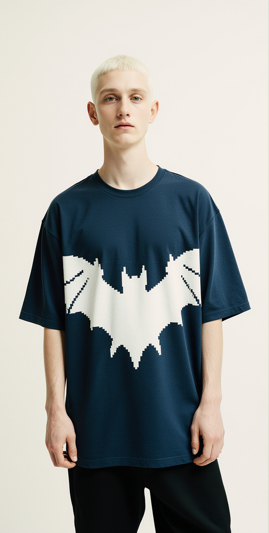 Oversized Dark Blue T-Shirt – Error Night Pixel Bat Graphic Tee – Unisex Streetwear Fashion