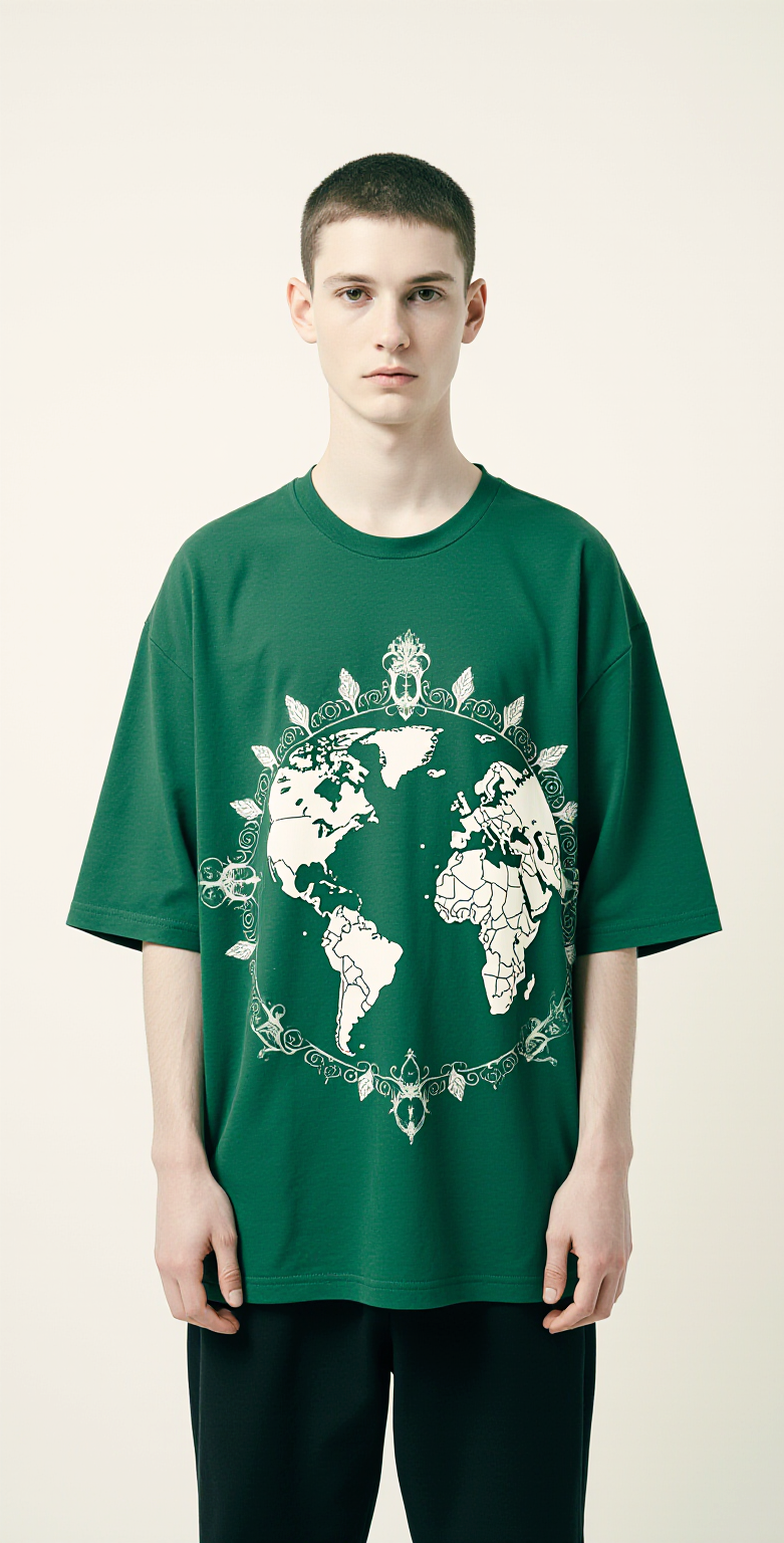 Oversized Green Earth T-Shirt – Earthmas Globe Graphic Tee – Unisex Eco Streetwear Fashion
