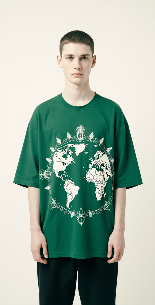 Oversized Green Earth T-Shirt – Earthmas Globe Graphic Tee – Unisex Eco Streetwear Fashion