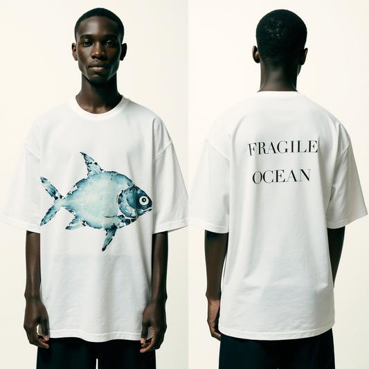 Oversized White T-Shirt for Men – Watercolor Fish Graphic – Streetwear "Fragile Ocean"