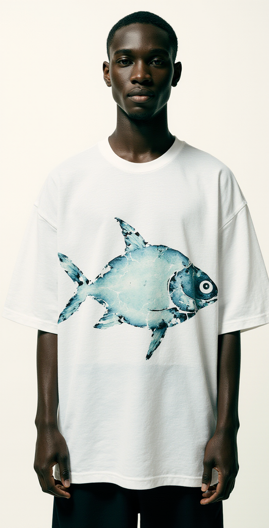 Oversized White T-Shirt for Men – Watercolor Fish Graphic – Streetwear "Fragile Ocean"