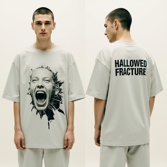 Oversized Grey Graphic T-Shirt – Hallowed Fracture Screaming Face Tee – Dark Streetwear Unisex Fashion