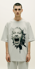 Oversized Grey Graphic T-Shirt – Hallowed Fracture Screaming Face Tee – Dark Streetwear Unisex Fashion
