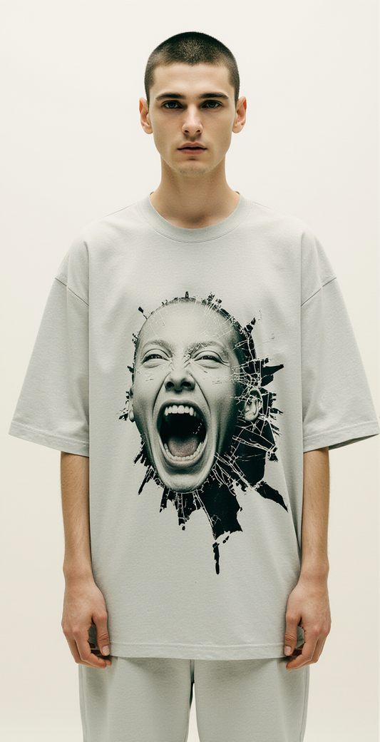 Oversized Grey Graphic T-Shirt – Hallowed Fracture Screaming Face Tee – Dark Streetwear Unisex Fashion