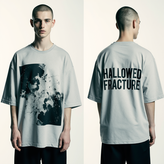 Oversized Grey Abstract Graphic T-Shirt – Hallowed Fracture Streetwear Tee – Unisex Dark Fashion