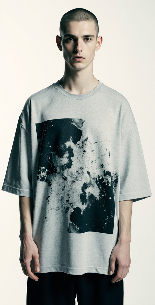 Oversized Grey Abstract Graphic T-Shirt – Hallowed Fracture Streetwear Tee – Unisex Dark Fashion