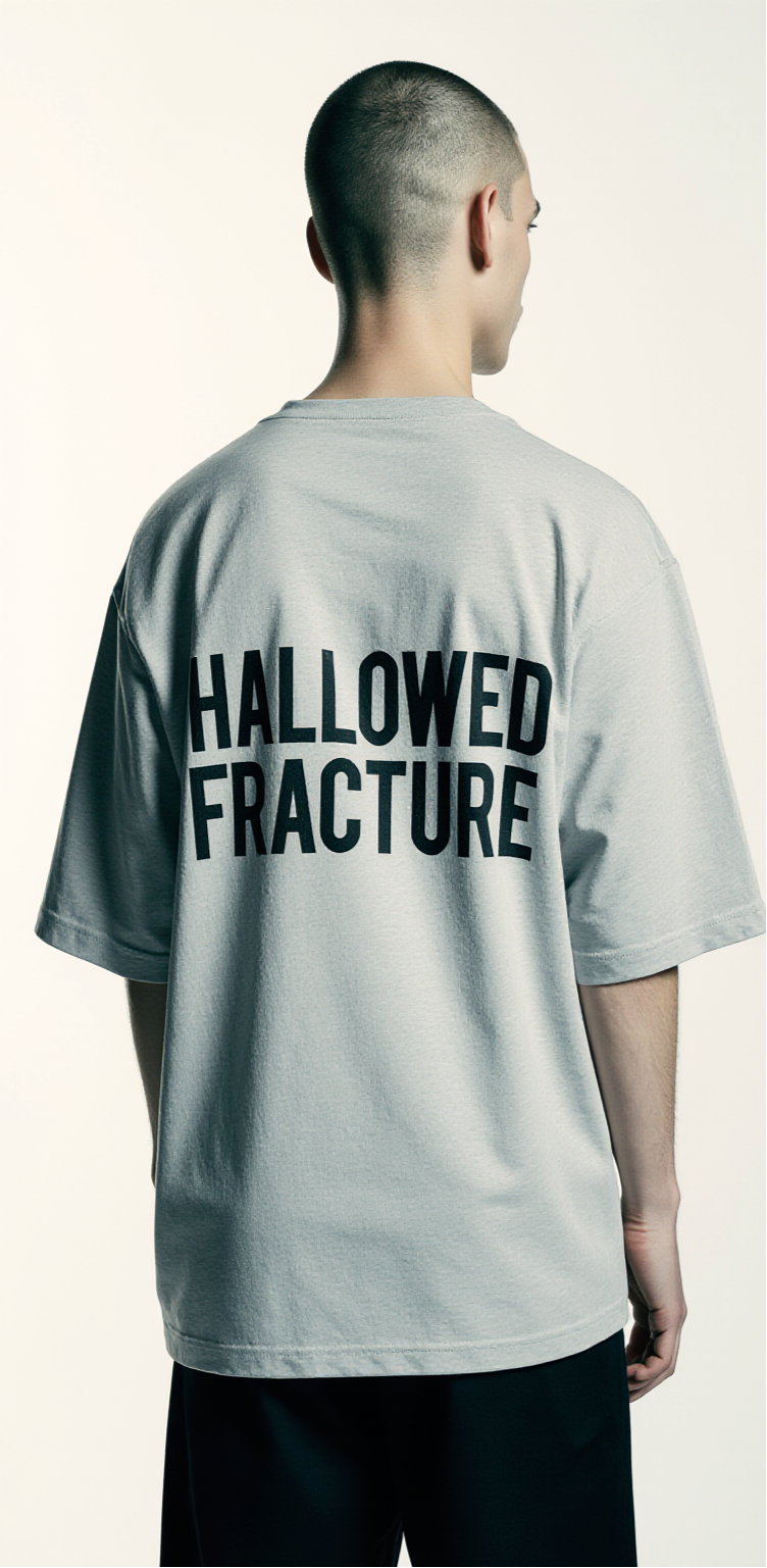 Oversized Grey Abstract Graphic T-Shirt – Hallowed Fracture Streetwear Tee – Unisex Dark Fashion