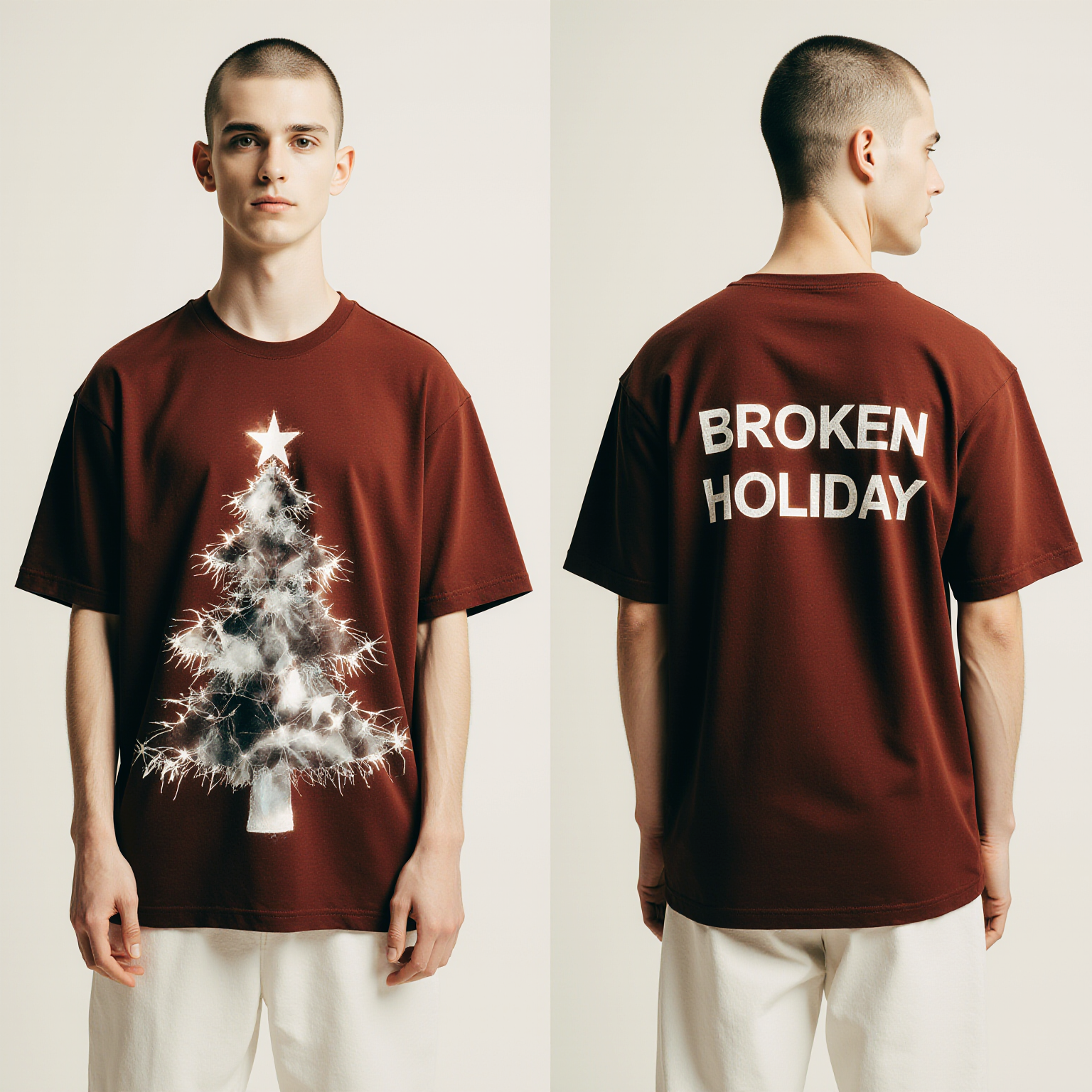 Oversized Red Christmas Tree T-Shirt – Broken Holiday Graphic Tee – Unisex Streetwear Fashion