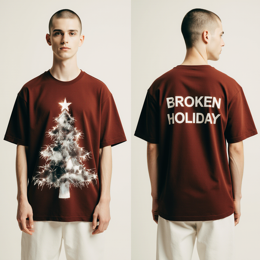 Oversized Red Christmas Tree T-Shirt – Broken Holiday Graphic Tee – Unisex Streetwear Fashion