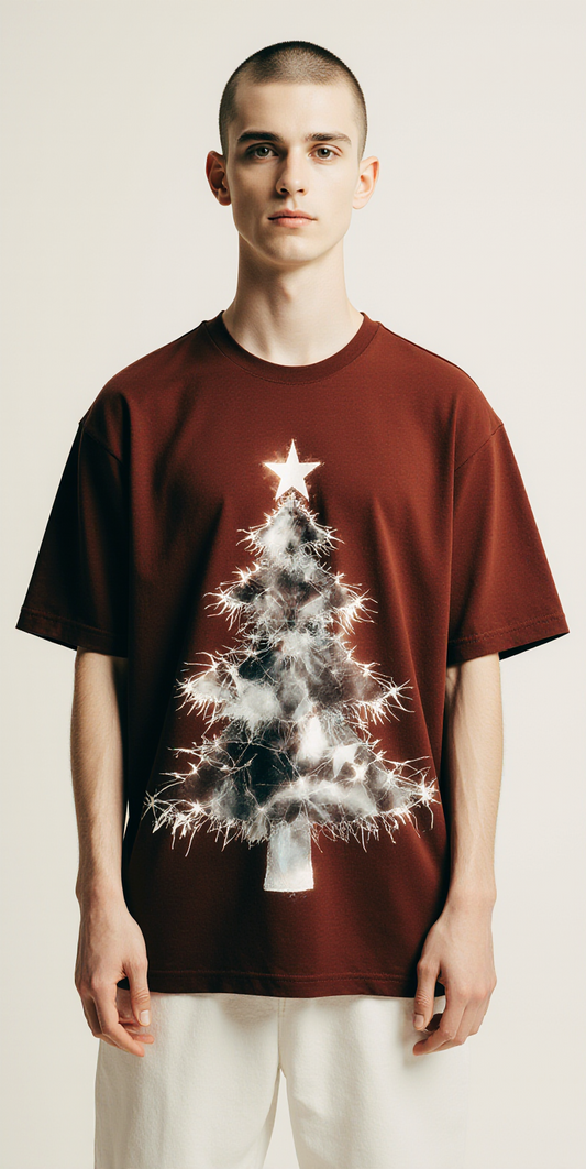 Oversized Red Christmas Tree T-Shirt – Broken Holiday Graphic Tee – Unisex Streetwear Fashion