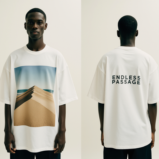 Oversized White T-Shirt for Men – Desert Path Graphic – Streetwear "Endless Passage"