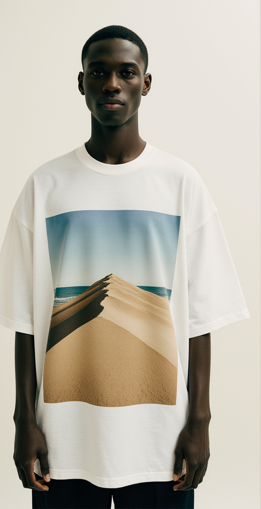Oversized White T-Shirt for Men – Desert Path Graphic – Streetwear "Endless Passage"