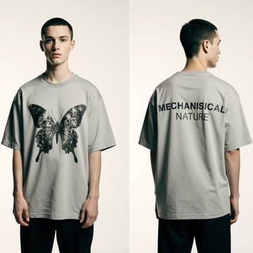 Oversized Grey T-Shirt for Men – Mechanical Butterfly Graphic – Streetwear "Mechanical Nature"