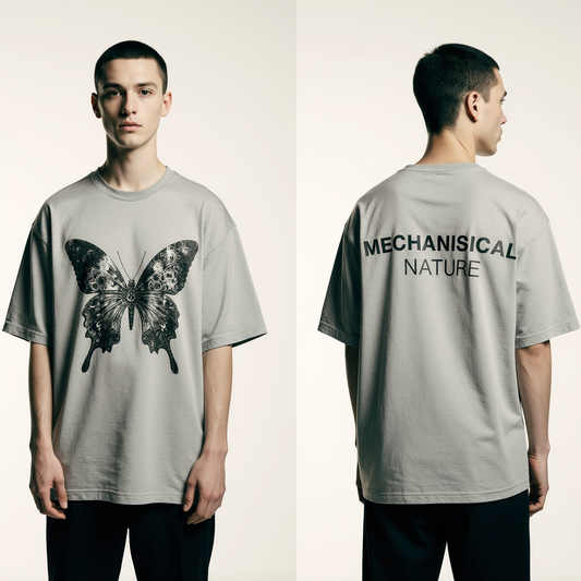 Oversized Grey T-Shirt for Men – Mechanical Butterfly Graphic – Streetwear "Mechanical Nature"