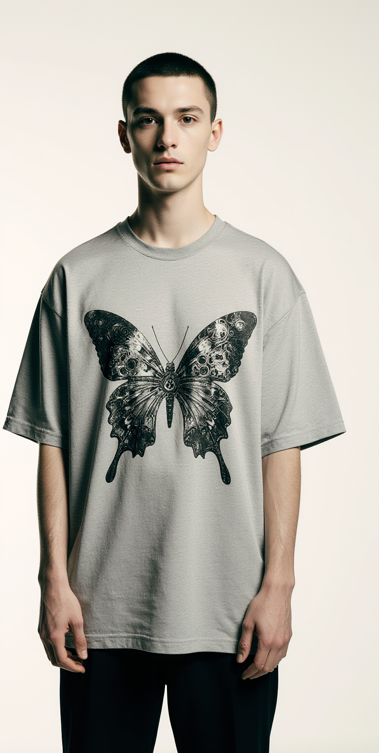 Oversized Grey T-Shirt for Men – Mechanical Butterfly Graphic – Streetwear "Mechanical Nature"
