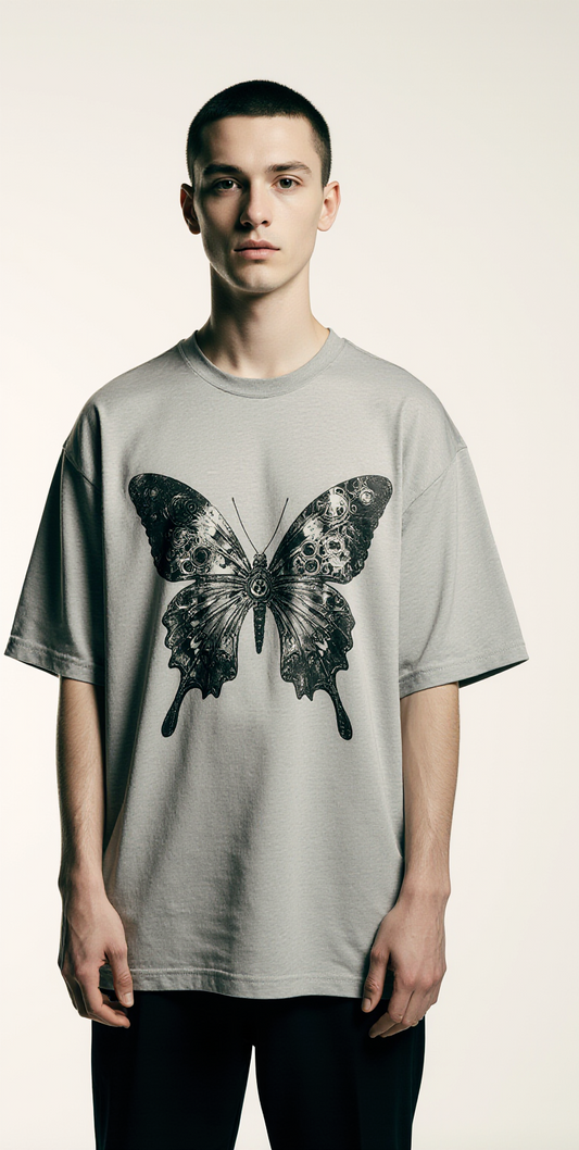 Oversized Grey T-Shirt for Men – Mechanical Butterfly Graphic – Streetwear "Mechanical Nature"