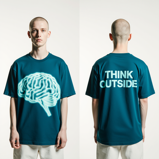 Oversized Teal T-Shirt for Men – Neon Brain Graphic – Streetwear "Think Outside"