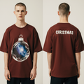 Oversized Red Christmas T-Shirt – Galaxy Ornament Graphic Tee – Unisex Holiday Streetwear Fashion