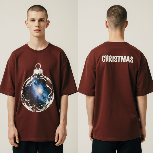 Oversized Red Christmas T-Shirt – Galaxy Ornament Graphic Tee – Unisex Holiday Streetwear Fashion