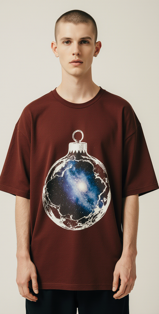 Oversized Red Christmas T-Shirt – Galaxy Ornament Graphic Tee – Unisex Holiday Streetwear Fashion